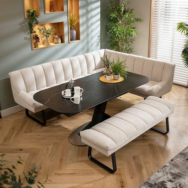 Quatropi Harvey & Vertex 8 Seater Extendable Corner Bench Dining Set Stone & Black Ceramic LBB
