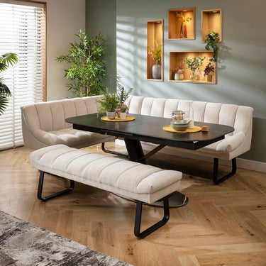 Quatropi Harvey & Vertex 8 Seater Extendable Corner Bench Dining Set Stone & Black Ceramic RBB