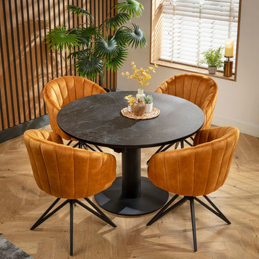 Quatropi Hattie & Venus 4 Seater Round Extendable Dining Set Saffron & Black Ceramic