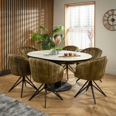 Quatropi Hattie & Venus 6 Seater Round Extendable Dining Set Green & Light Grey Ceramic