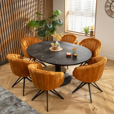 Quatropi Hattie & Venus 6 Seater Round Extendable Dining Set Saffron & Black Ceramic