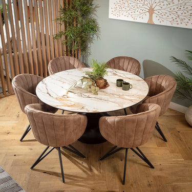 Quatropi Hattie & Venusia Modern 6 Seater Round Dining Set Brown & White Ceramic