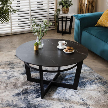 Quatropi Industrial Round Coffee Table Black Ceramic Marble Living Room 90cm
