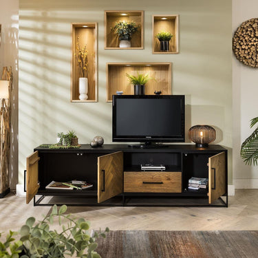 Quatropi Industrial Solid Wood TV Stand Cabinet Parquet Herringbone Black 200cm