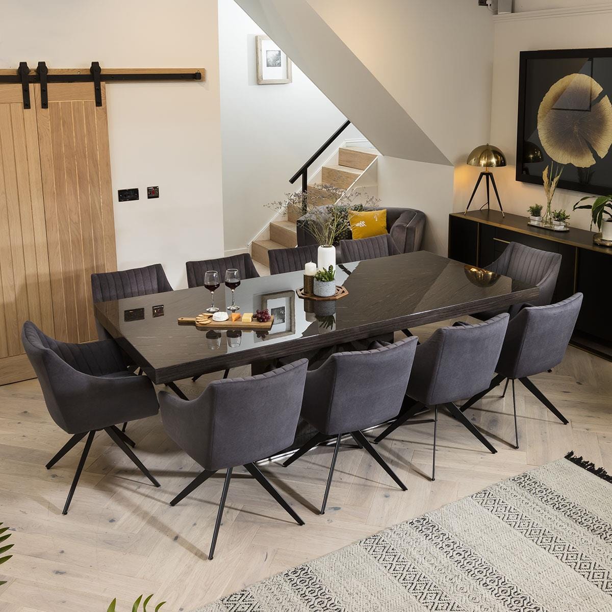 Quatropi Large 10 Seater Large Gloss Grey Oak Dining Table and Luxury Swivel Chairs