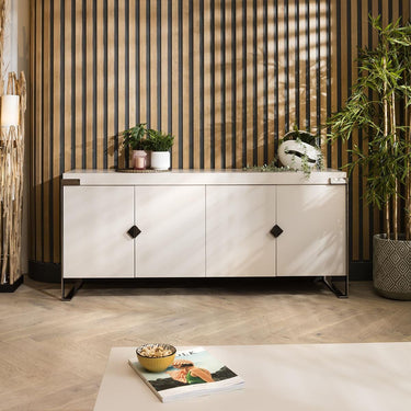 Quatropi Large 180cm 4 Door Sideboard Cabinet - Premium Matte Chalk - Smoked Chrome Accents