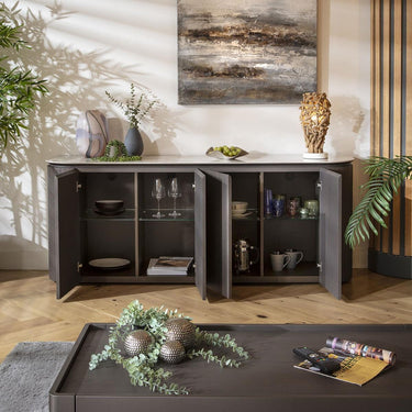 Quatropi Large 4 Door Sideboard Cupboard Cabinet Grey Oak Ceramic Top 190cm