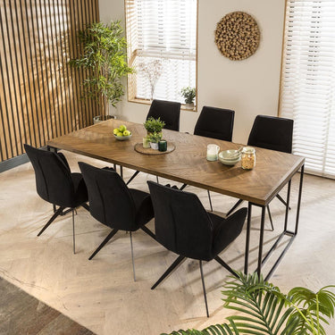 Quatropi Large 6 Chair Seat Dining Set Modern Parquet Wood Black Velvet 220cm