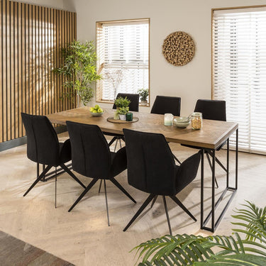 Quatropi Large 6 Chair Seat Dining Set Modern Parquet Wood Black Velvet 220cm