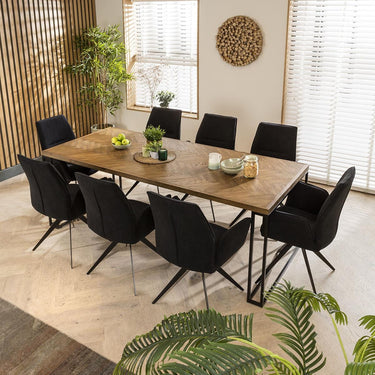Quatropi Large 8 Chair Seat Dining Set Modern Parquet Wood Black Velvet 220cm