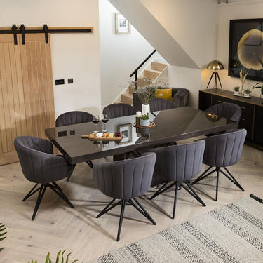 Quatropi Large 8 Seater Large Gloss Grey Oak Dining Table and Luxury Swivel Chairs