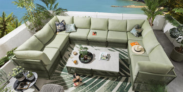 Quatropi Large Garden U-Shape Corner Sofa 10 Seat Outdoor Patio Green Rope Weave