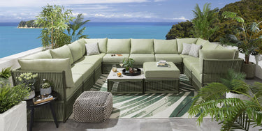 Quatropi Large Garden U-Shape Corner Sofa 10 Seat Outdoor Patio Green Rope Weave