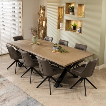 Quatropi Large Industrial Live Edge Wooden 8 Chair Dining Set Grey Leather 260cm
