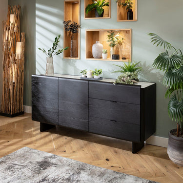 Quatropi Large Mid Century Modern Sideboard Buffet Cabinet Black Oak Ceramic 180cm x 45cm