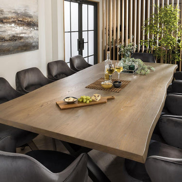 Quatropi Large Modern 10 Seat Stained Live Edge Solid Wooden Dining Set Grey