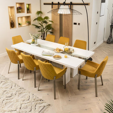 Quatropi Large Modern 8 Seater Dining Table & Chairs White Gloss Mustard Fabric