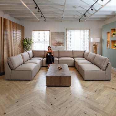 Quatropi Large Modern Beige Leather Modular U-Shape Sofa 8 Seater Cinema Settee
