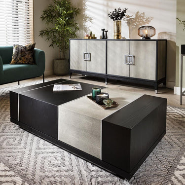 Quatropi Large Modern Coffee Table Rectangular Shagreen Black Oak Wood 130x70cm
