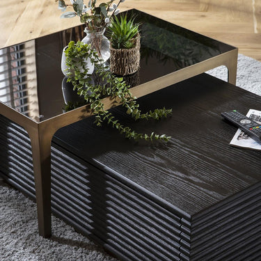 Quatropi Large Modern Nested Coffee Table Black Oak Glass Brass Metal 120x65cm
