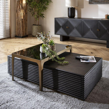Quatropi Large Modern Nested Coffee Table Black Oak Glass Brass Metal 120x65cm