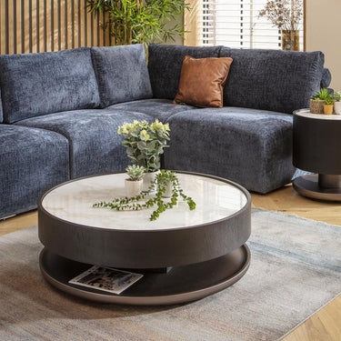 Quatropi Large Modern Round Black Coffee Table White Marble Effect Ceramic 93cm