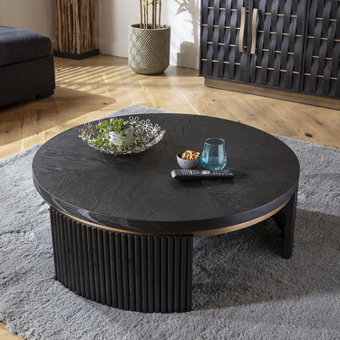 Quatropi Large Modern Round Coffee Table Luxury Black Oak Wood Brass Metal 100cm