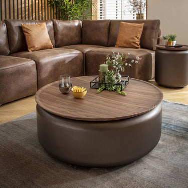 Quatropi Large Modern Round Coffee Table Walnut Wood Brown Metal Drum 90cm