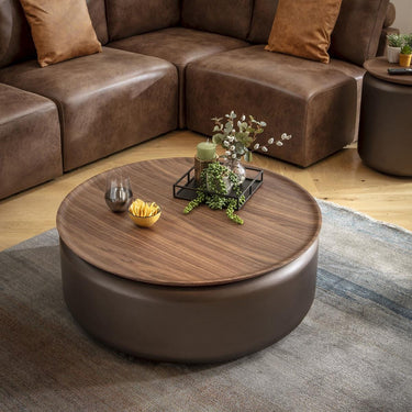 Quatropi Large Modern Round Coffee Table Walnut Wood Brown Metal Drum 90cm