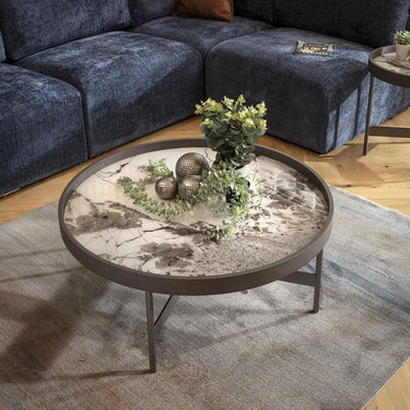 Quatropi Large Modern Round Glass Coffee Table White Marble Effect 90cm