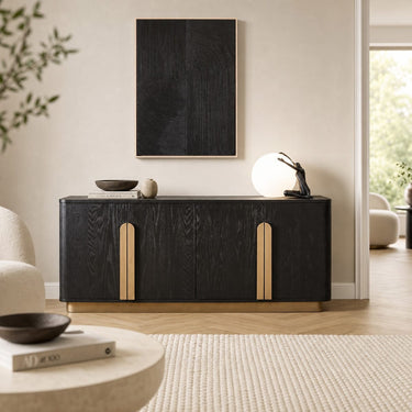 Quatropi Large Modern Sideboard Buffet Cabinet Black Oak Brass 200cm