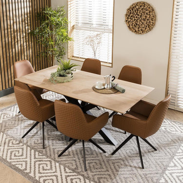 Quatropi Large Modern Solid Natural Wooden 6 Chair Dining Set Tan Leather 190cm