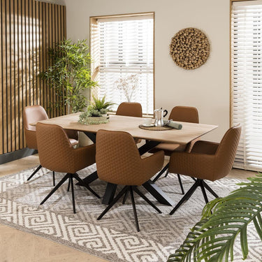 Quatropi Large Modern Solid Natural Wooden 6 Chair Dining Set Tan Leather 190cm