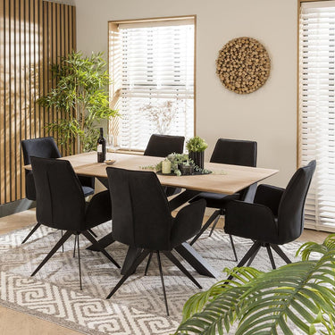 Quatropi Large Modern Solid Natural Wooden 6 Seat Dining Set Black Velvet 190cm