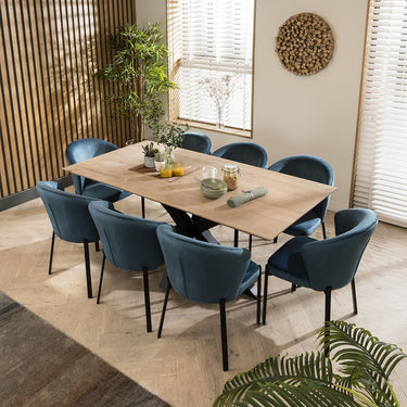Quatropi Large Modern Solid Natural Wooden 8 Chair Dining Set Blue Velvet 190cm