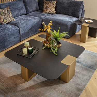 Quatropi Large Modern Square Black Coffee Table Premium Black Oak Gold 100cm