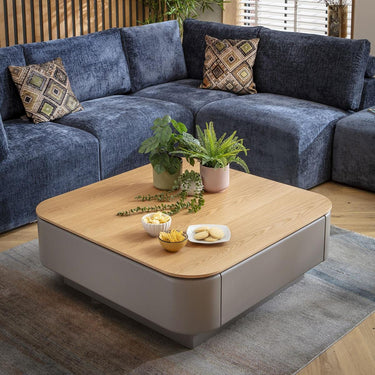 Quatropi Large Modern Square Coffee Table with Drawer Storage Grey Oak 100cm