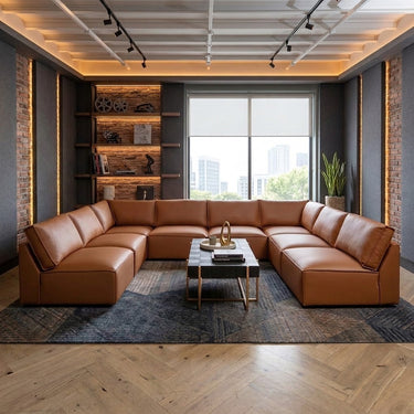 Quatropi Large Modern Tan Leather Modular U-Shape Sofa 8 Seater Cinema Settee