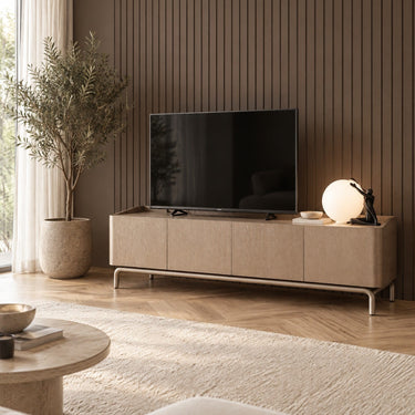 Quatropi Large Modern TV Stand Unit Cabinet with Storage Gold Wood Glass 200cm