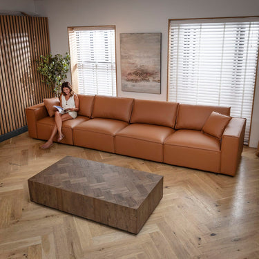 Quatropi Large Modular Tan Leather Cinema Sofa 4 Seater Couch 398cm