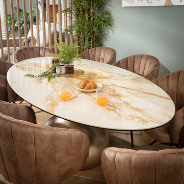 Quatropi Large Oval 8 Seater Ceramic Marble Dining Table and Chairs Set Brown White