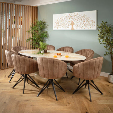 Quatropi Large Oval 8 Seater Ceramic Marble Dining Table and Chairs Set Brown White