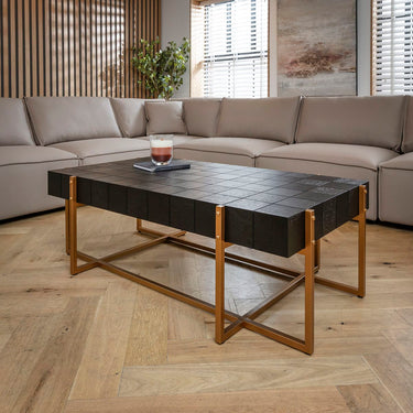 Quatropi Large Rectangular Wooden Coffee Table Black Oak & Gold 138x78cm