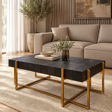 Quatropi Large Rectangular Wooden Coffee Table Black Oak & Gold 138x78cm