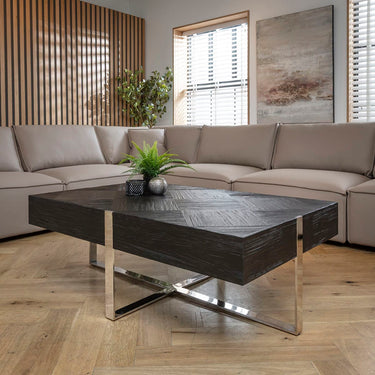 Quatropi Large Rectangular Wooden Coffee Table Black Relcaimed Wood & Silver 130x80cm