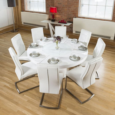 Quatropi Large Round White Gloss Dining Table Lazy Susan, 8 White Chairs 4110