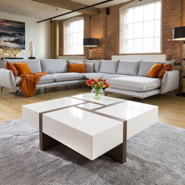 Quatropi Large Square Coffee Table with Storage Drawers Gloss White 100cm