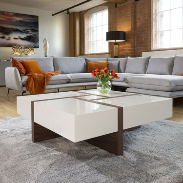 Quatropi Large Square Coffee Table with Storage Drawers Gloss White 100cm