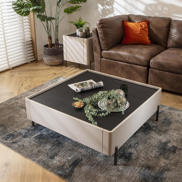 Quatropi Large Square Modern Coffee Table Storage Matte White Metal Legs 100cm
