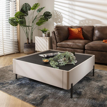 Quatropi Large Square Modern Coffee Table Storage Matte White Metal Legs 100cm